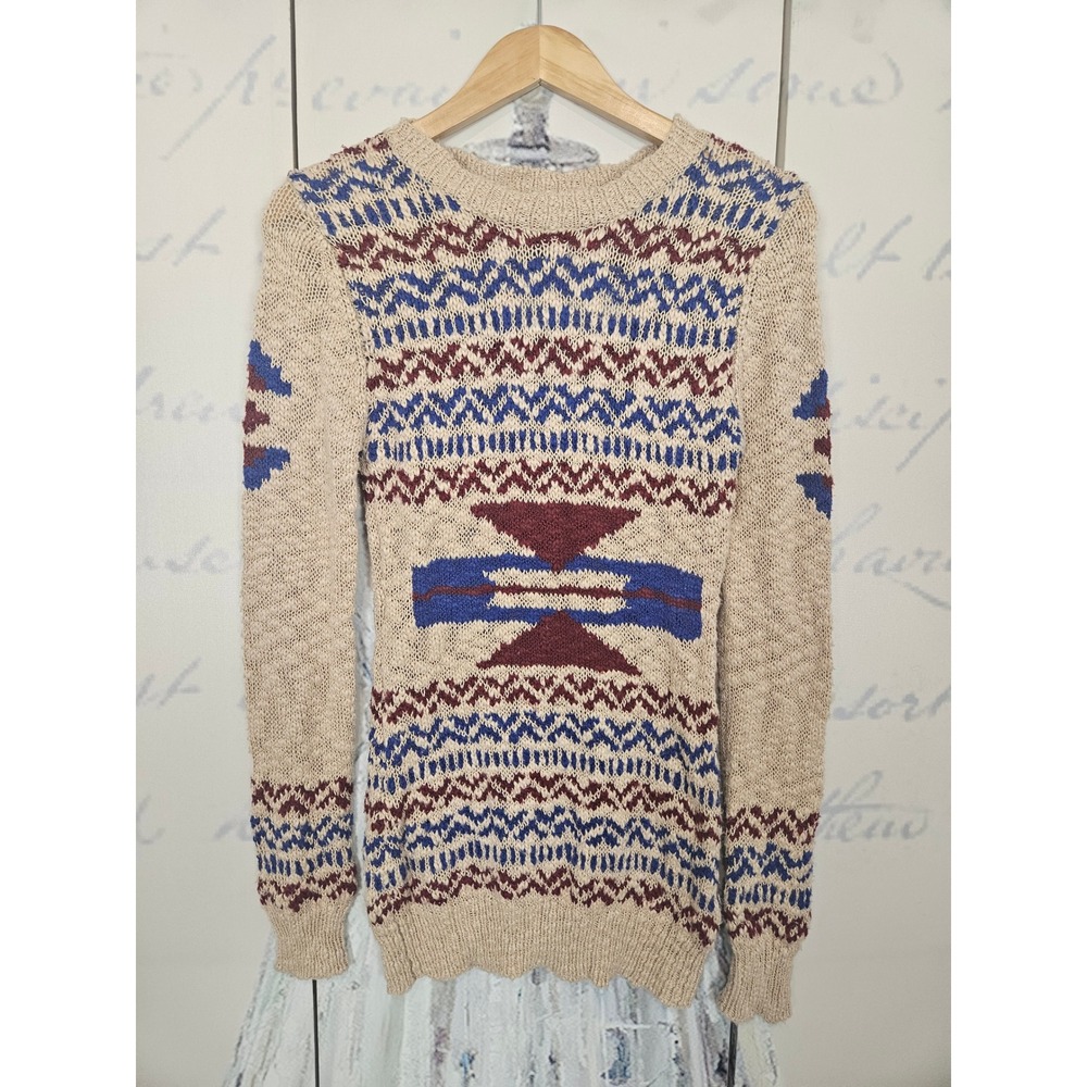 Angie Womens Southwestern Geometric Cotton Knit Sweater Beige Blue Small